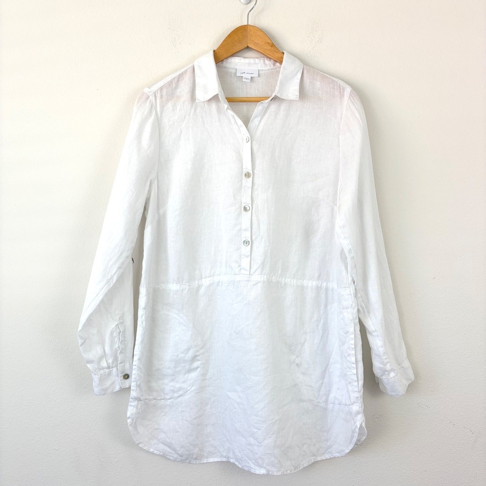 Coastal Grandma J. Jill Love Linen White Long Sleeve Button Front Tunic Top Sz S
